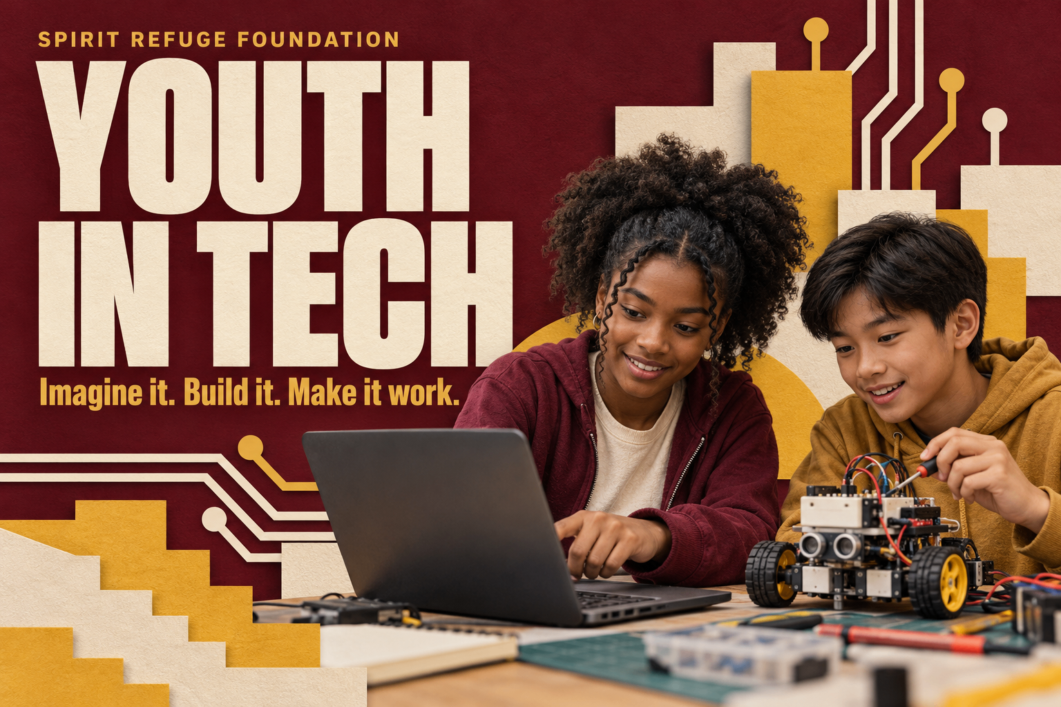 Youth in Tech program banner: Imagine it. Build it. Make it work.