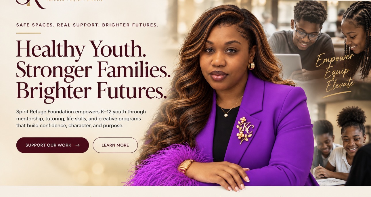 Spirit Refuge Foundation landscape artwork featuring Sarath K-Crystal in a purple blazer: Healthy Youth. Stronger Families. Brighter Futures.