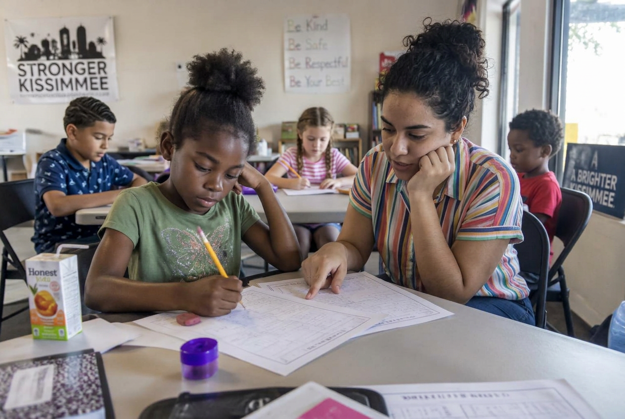 A tutor supporting a child's homework at a shared table