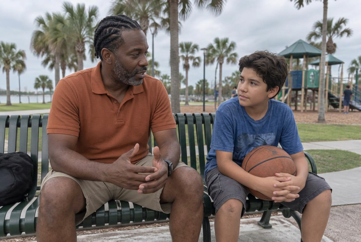 A mentor listening to a young person outdoors