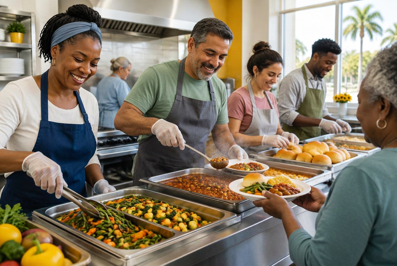 Illustrative volunteers preparing and serving community meals