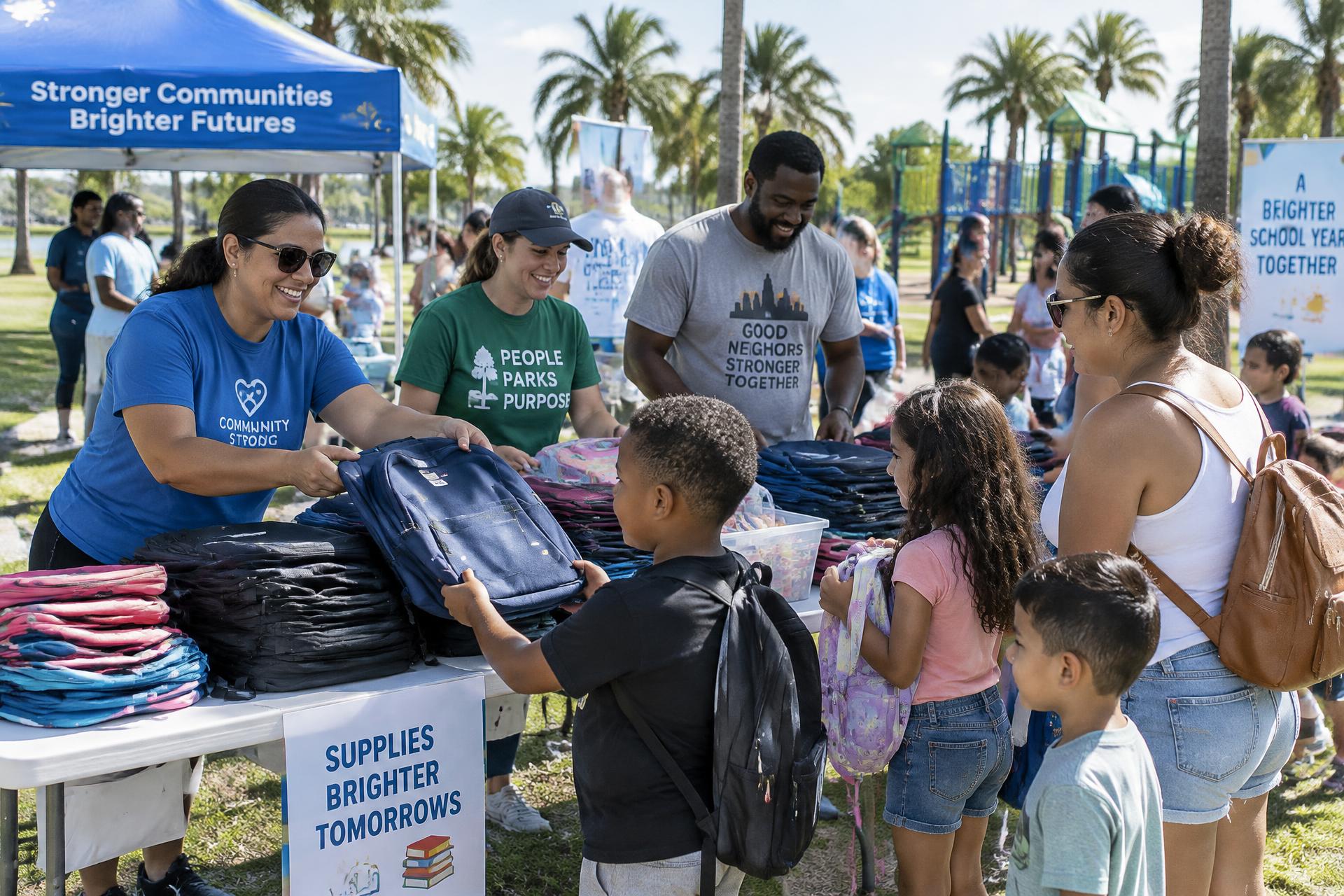 Volunteers sharing backpacks and school supplies with families