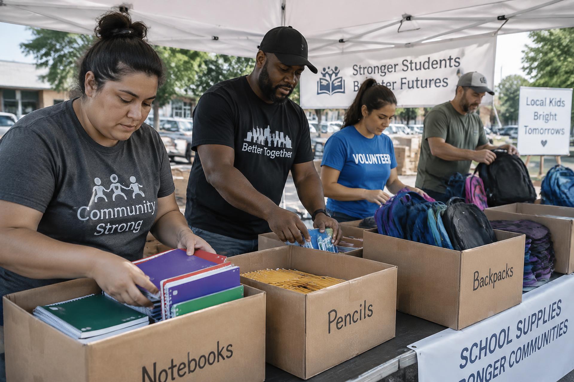 Volunteers sorting notebooks, pencils, and backpacks into boxes