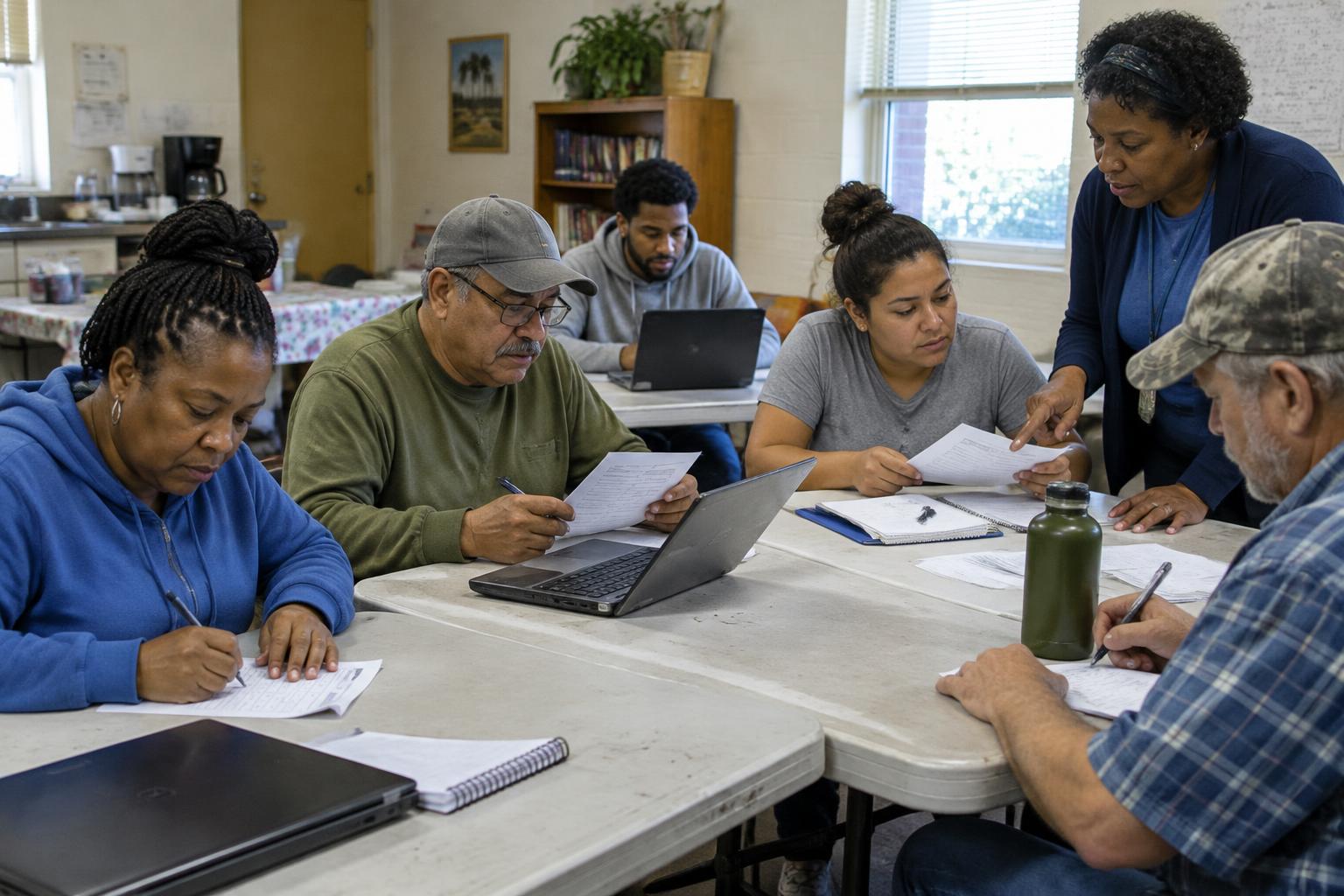 Adults and a volunteer facilitator working on budgets and résumés