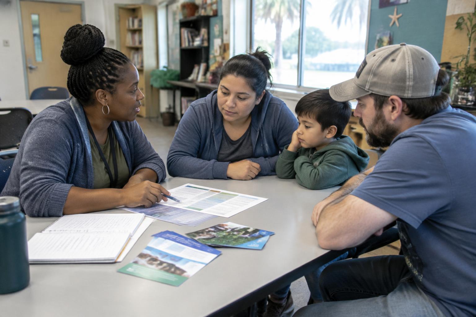 A family navigator reviewing local resource options with parents and their child