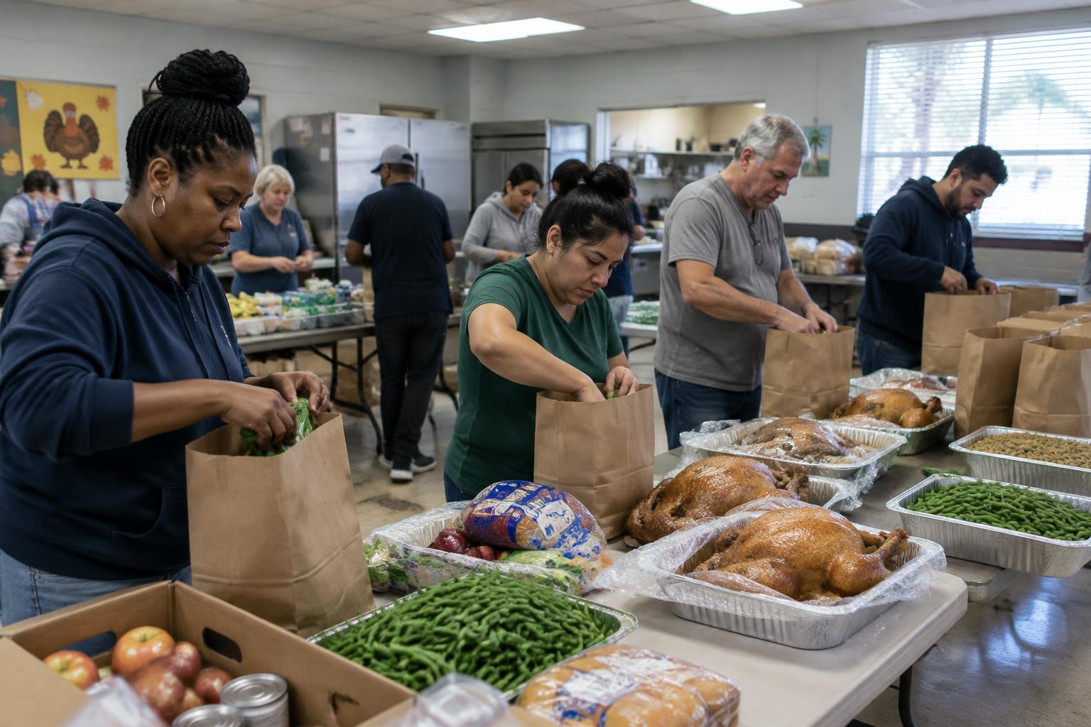 Volunteers packing Thanksgiving meal bags in a community kitchen