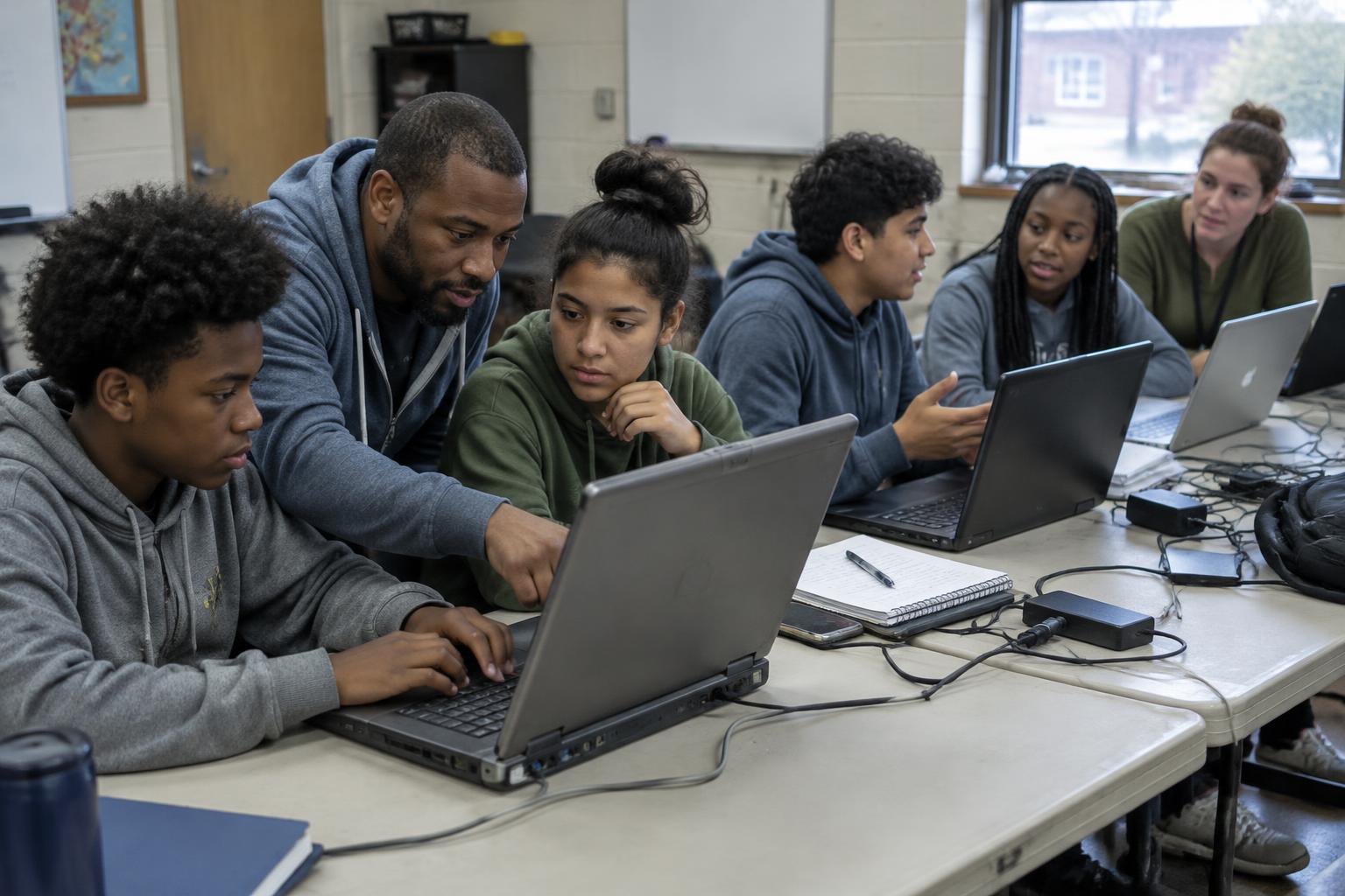 Diverse youth learning together with professional coding mentors