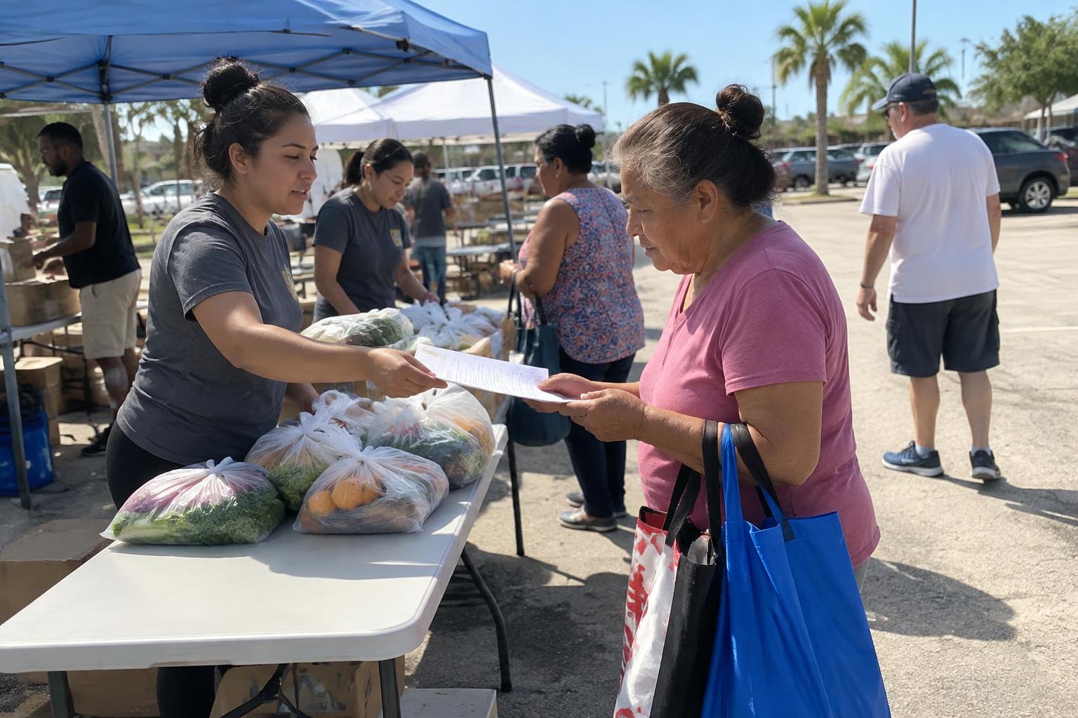A volunteer sharing community resource information with a family