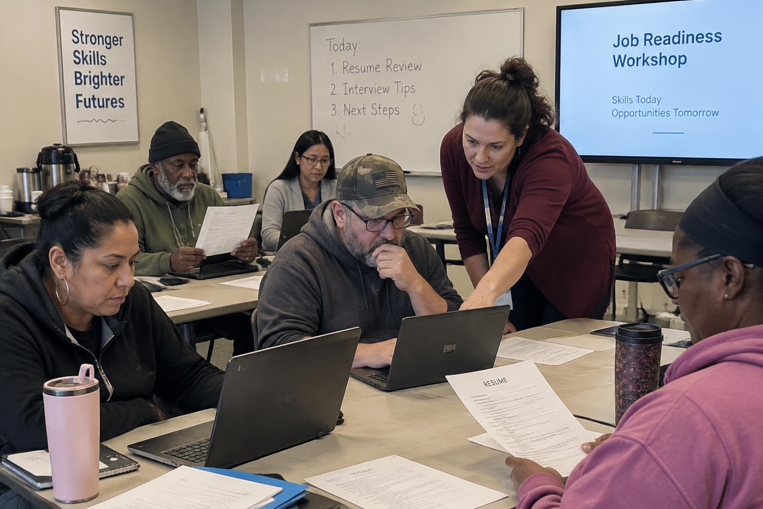 Adults working on résumés in a job-readiness workshop