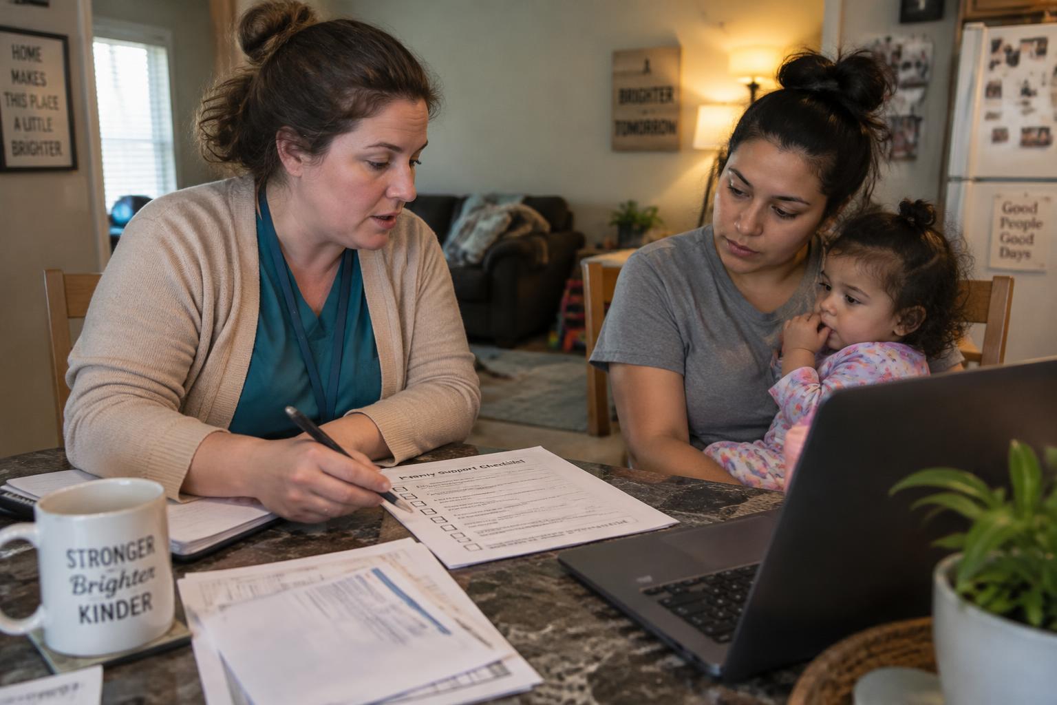Family navigator reviewing a plan with a mother and toddler