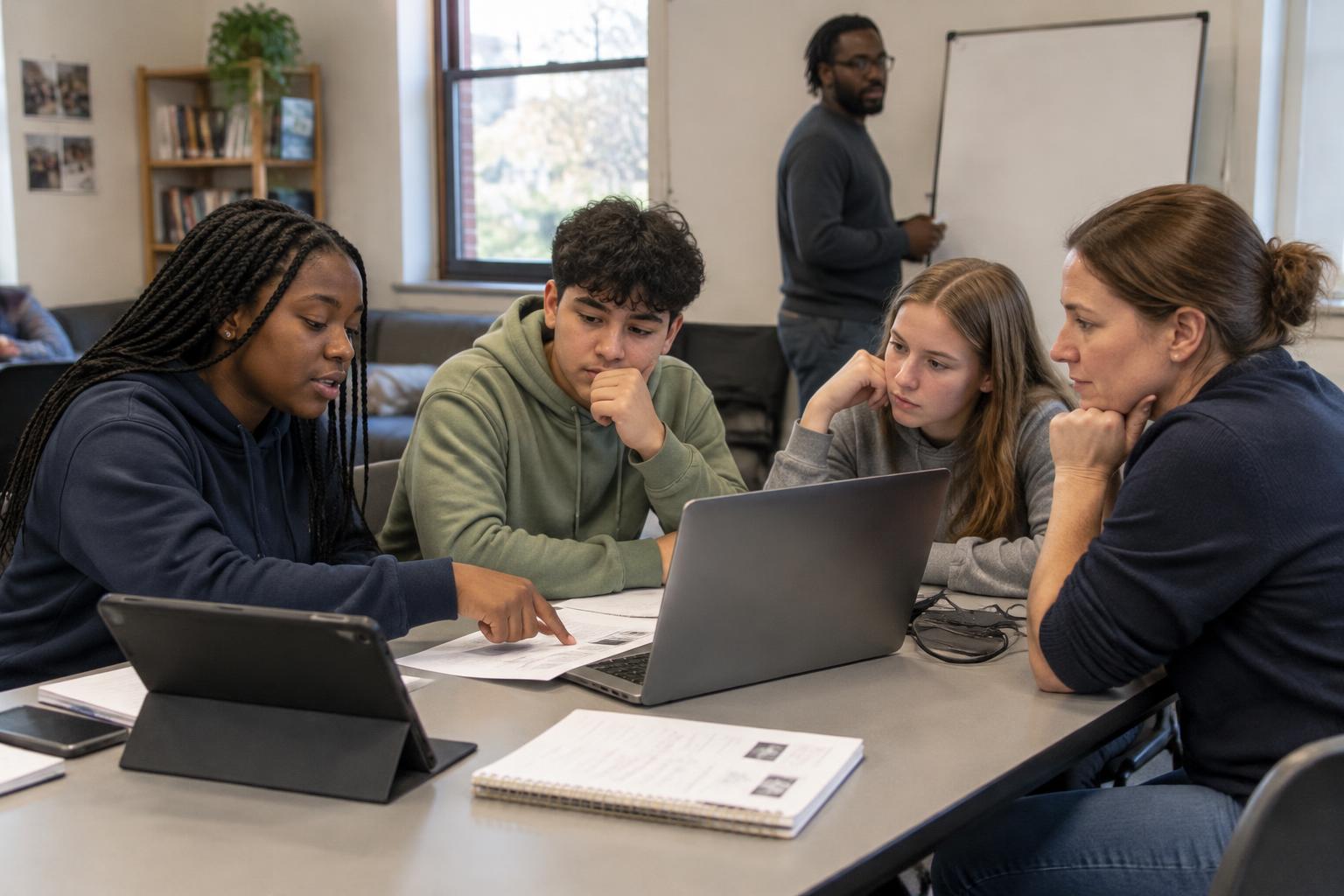 Youth and mentors discussing responsible AI use