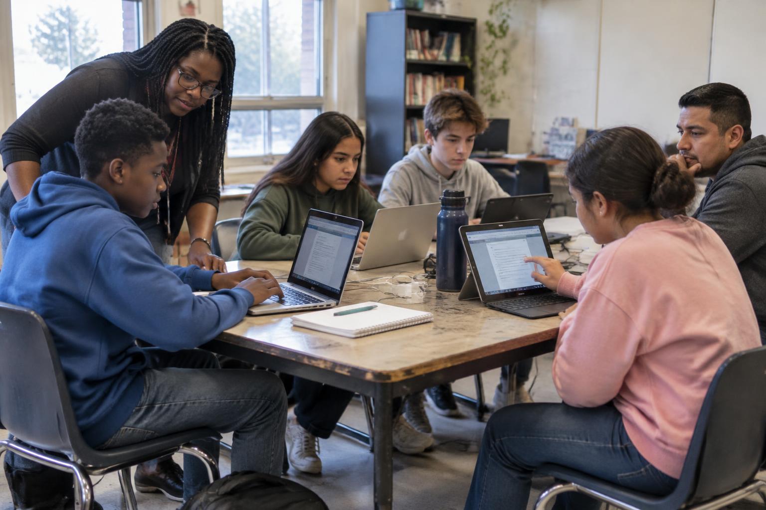 Students exploring technology at a shared laptop table